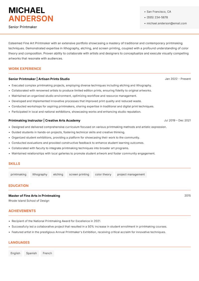 Fine Art Printmaker resume template — Modern Professional