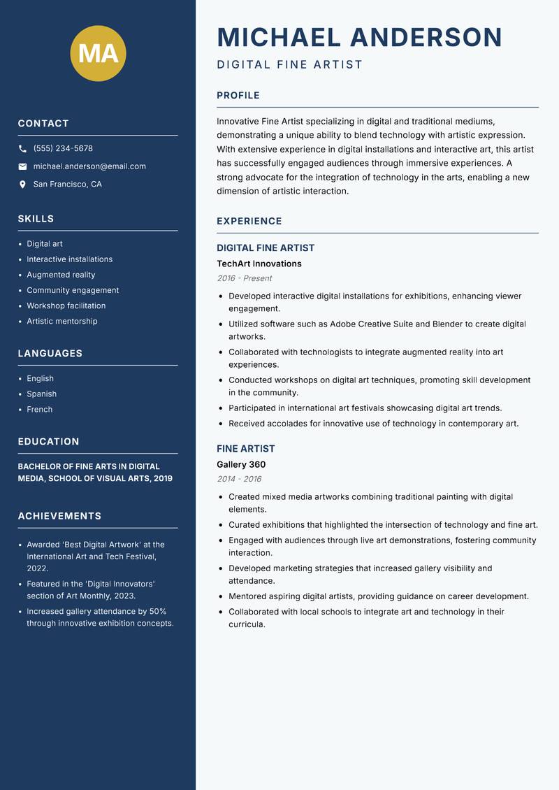 Fine Artist resume template — Classic Clean