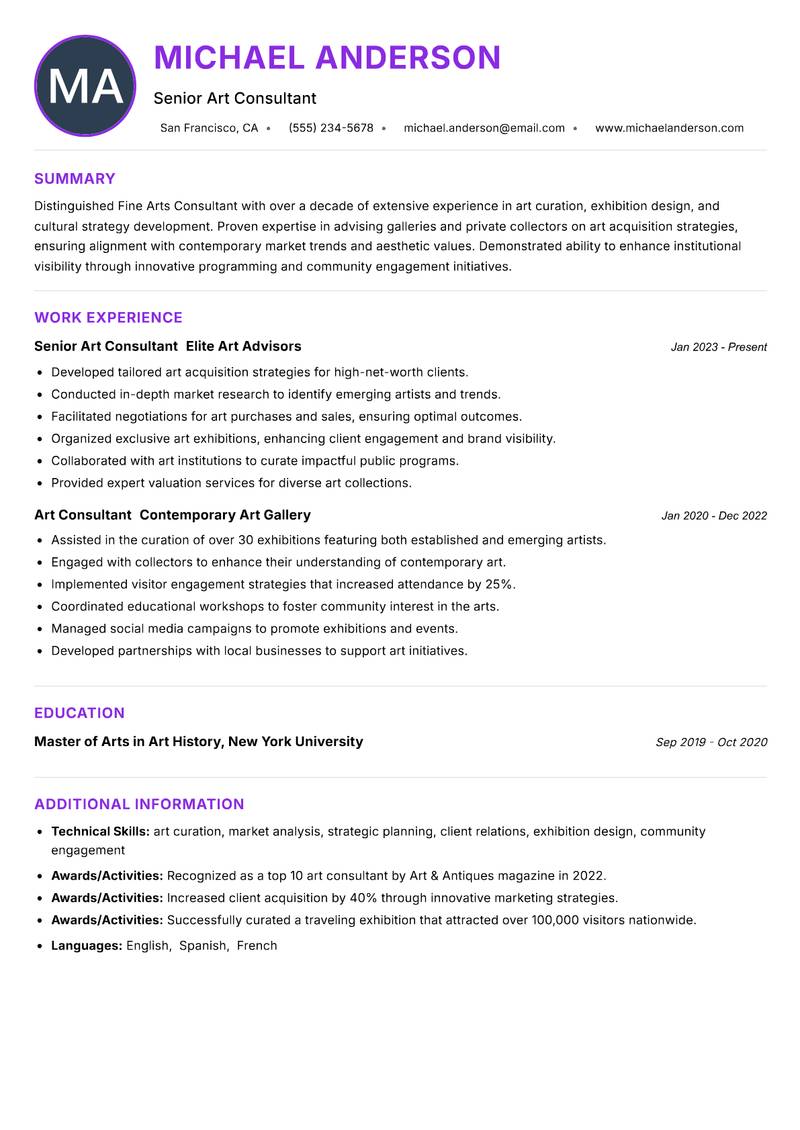 Fine Arts Consultant resume example — ATS-friendly template