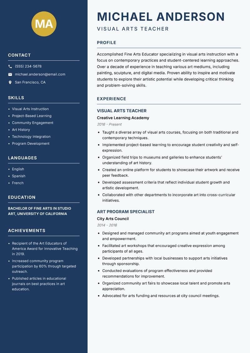 Fine Arts Educator resume template — Classic Clean