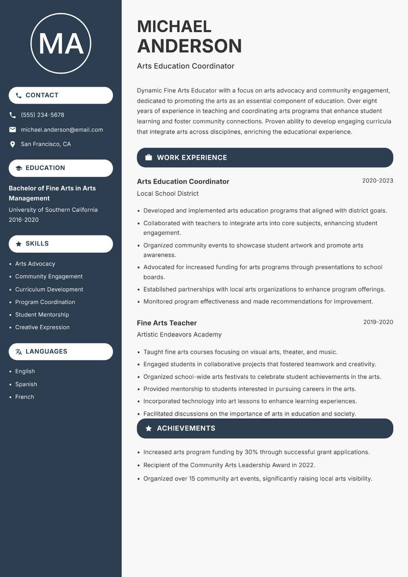 Fine Arts Educator resume template — Compact