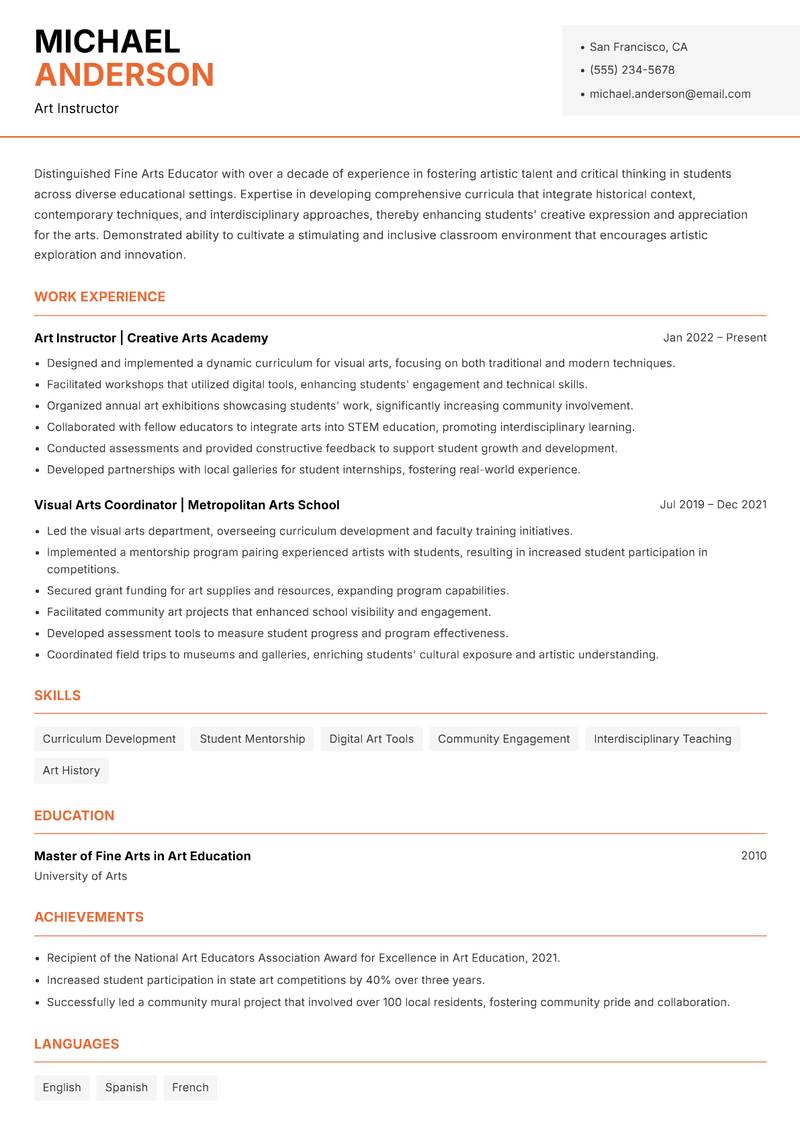 Fine Arts Educator resume template — Modern Professional