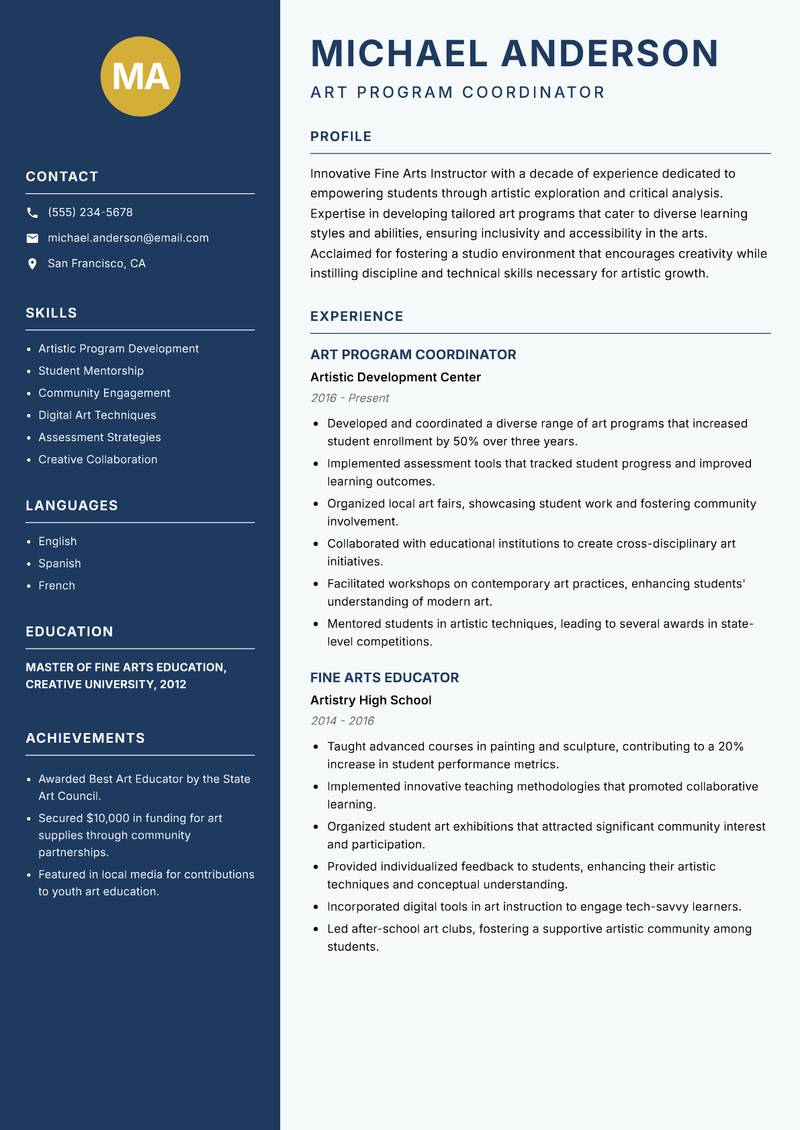 Fine Arts Instructor resume template — Classic Clean