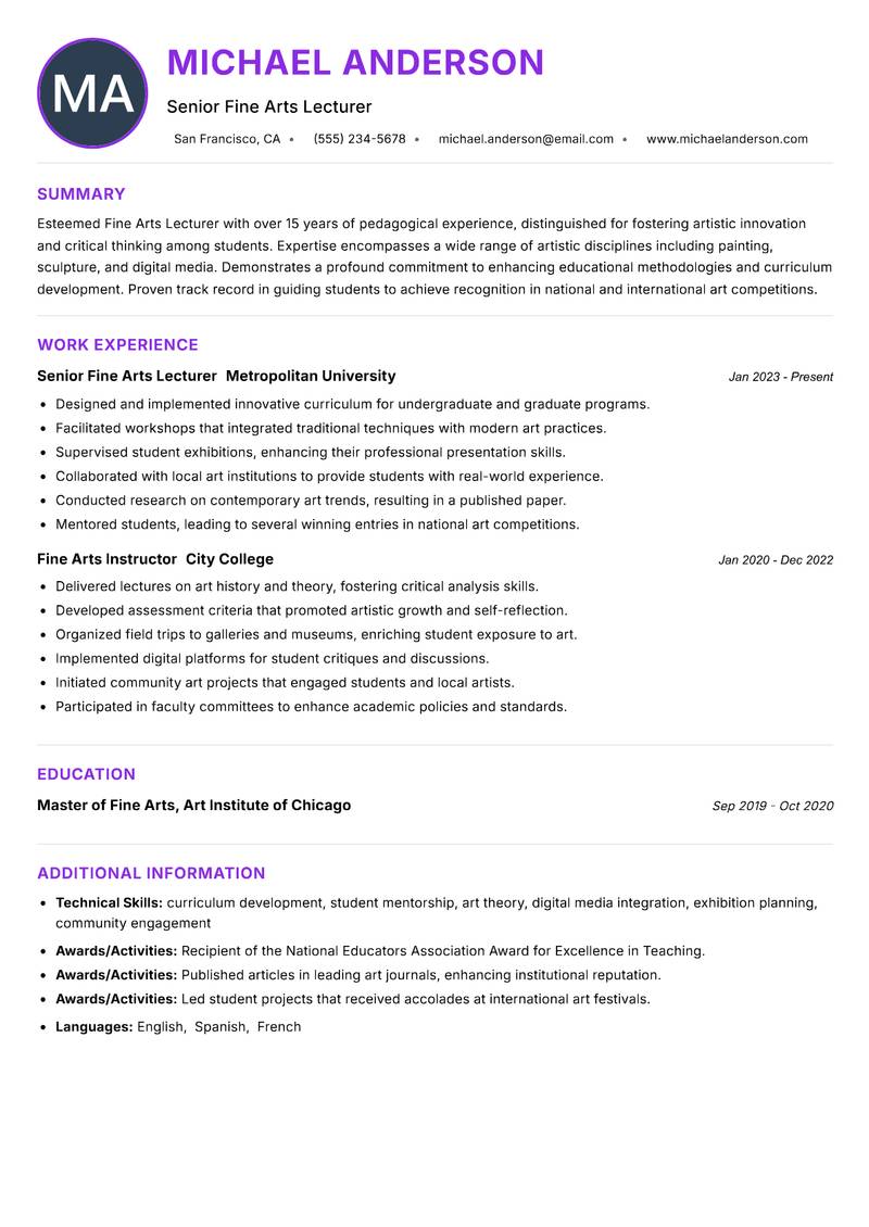 Fine Arts Lecturer resume example — ATS-friendly template