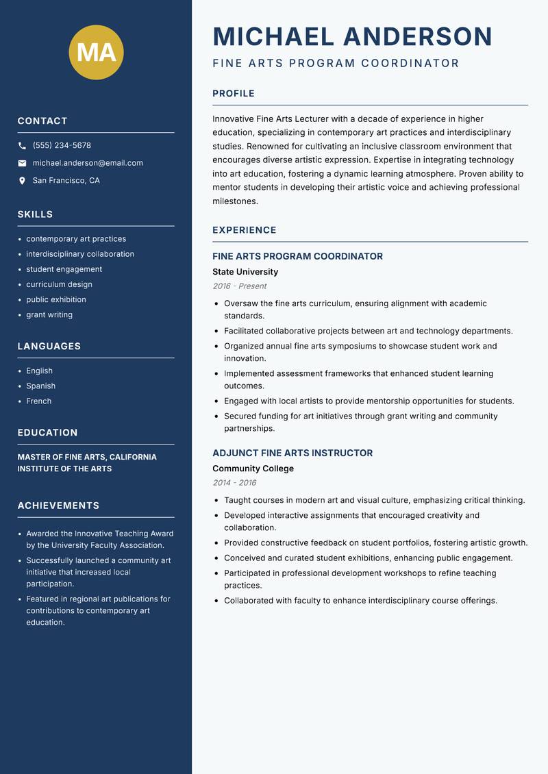 Fine Arts Lecturer resume template — Classic Clean