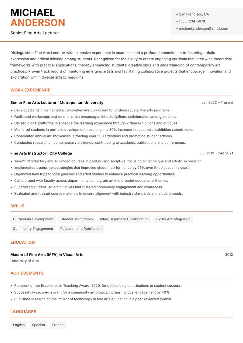 Fine Arts Lecturer resume template — Modern Professional