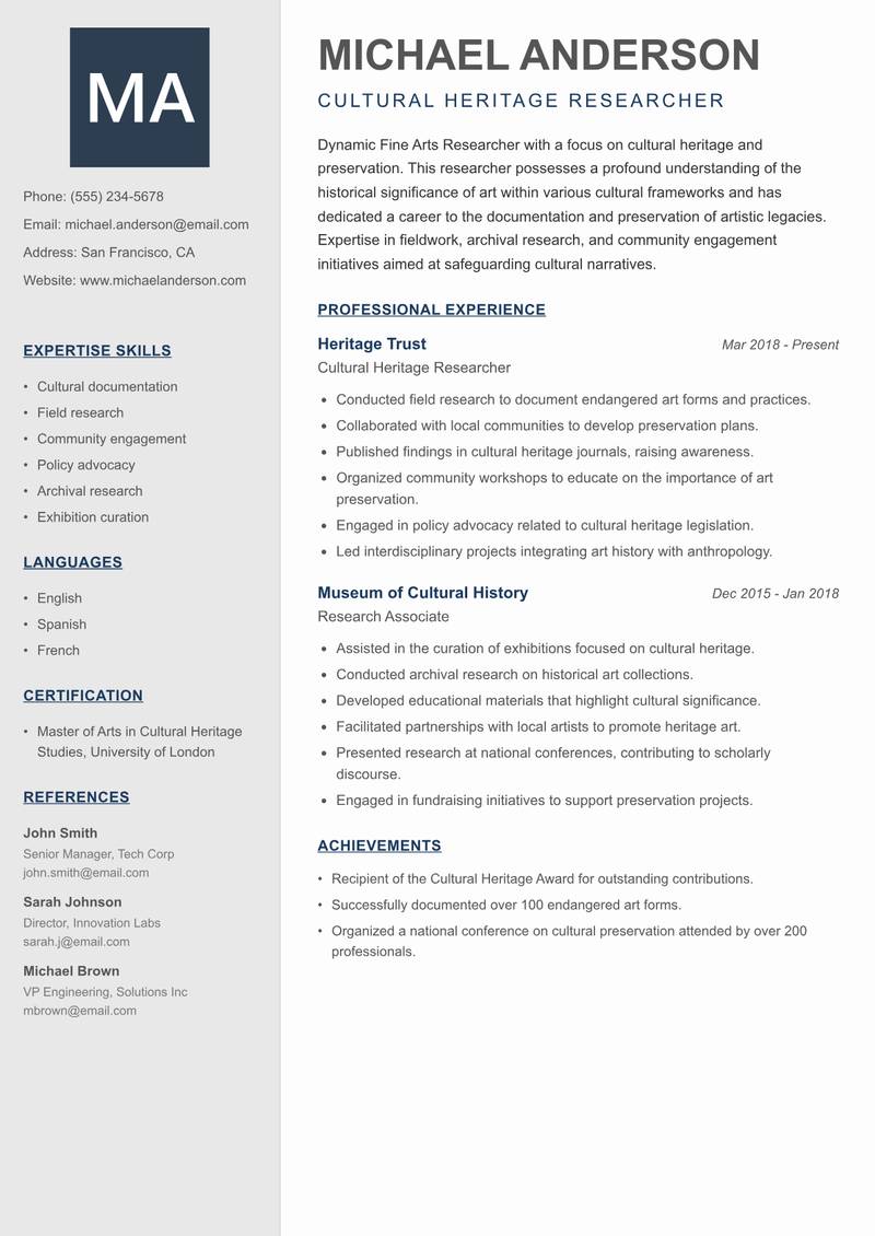 Fine Arts Researcher resume template — Creative Minimal