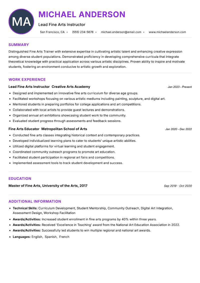 Fine Arts Trainer resume example — ATS-friendly template