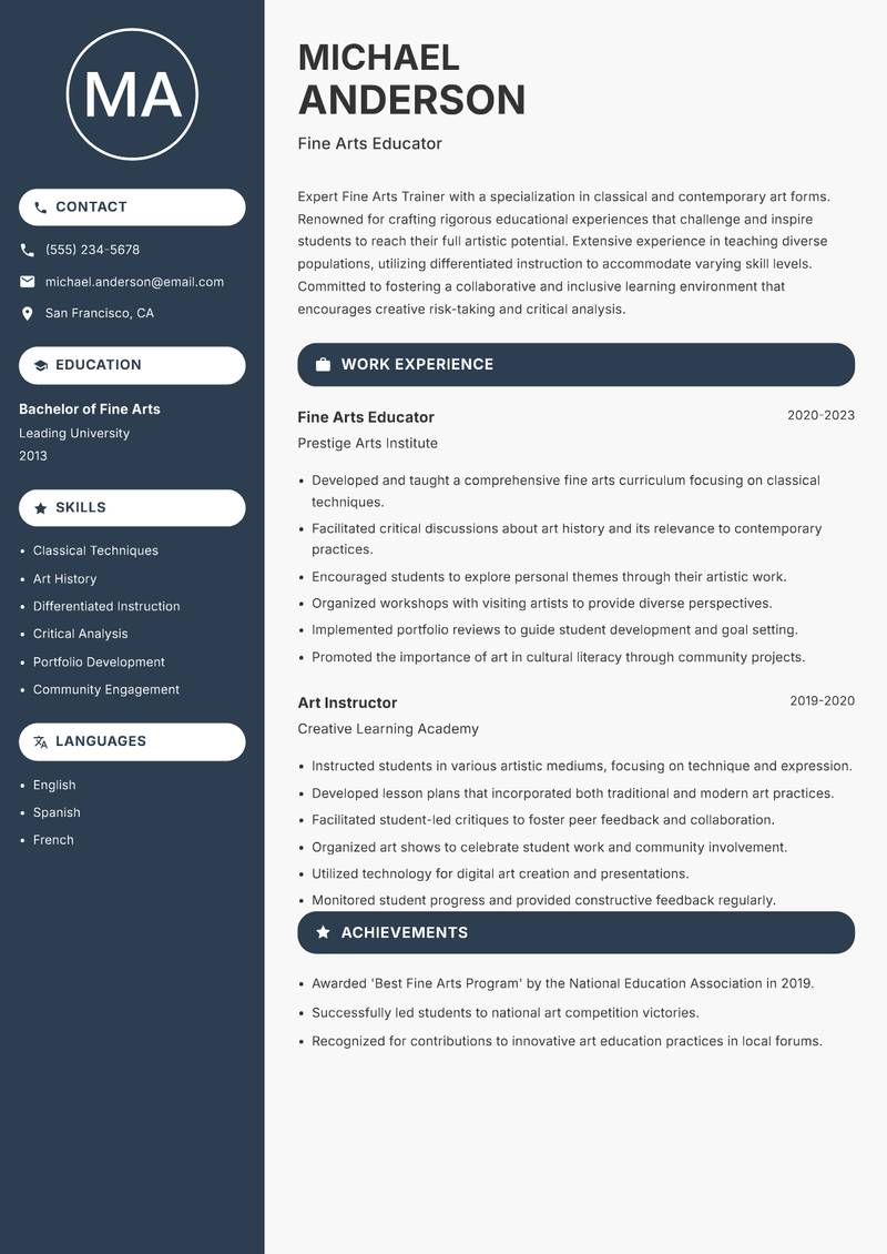 Fine Arts Trainer resume template — Compact