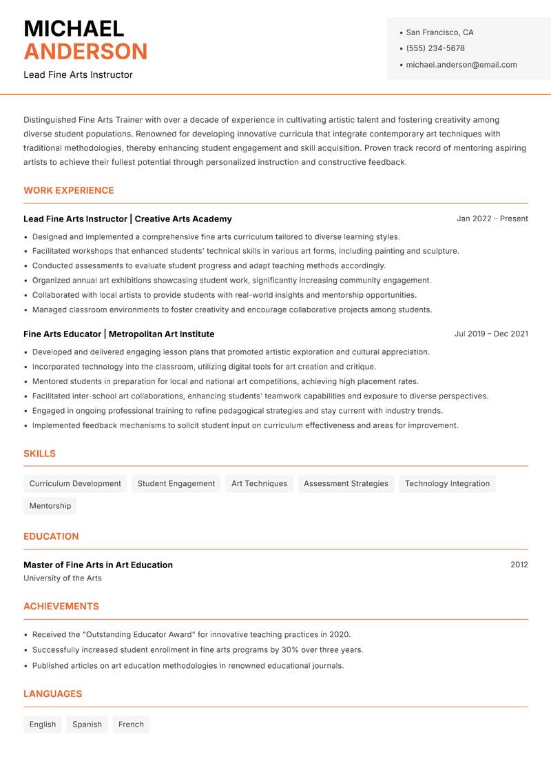 Fine Arts Trainer resume template — Modern Professional