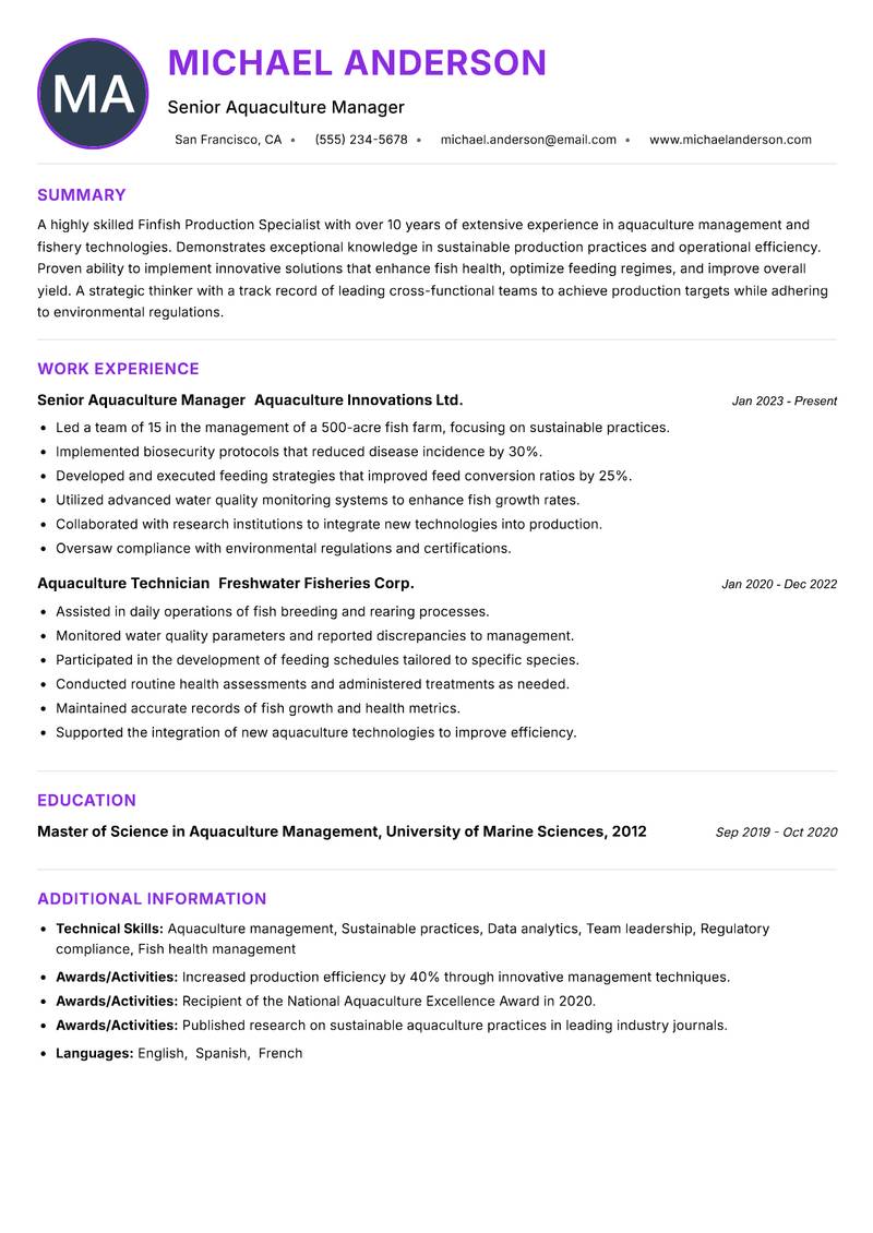 Finfish Production Specialist resume example — ATS-friendly template