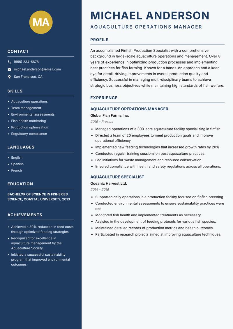 Finfish Production Specialist resume template — Classic Clean