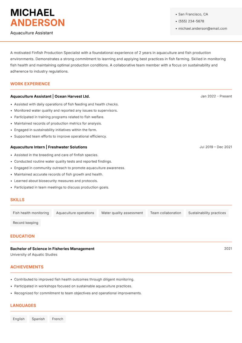 Finfish Production Specialist resume template — Modern Professional