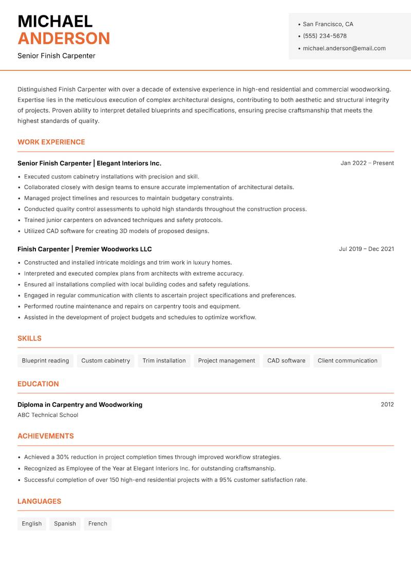 Finish Carpenter resume template — Modern Professional