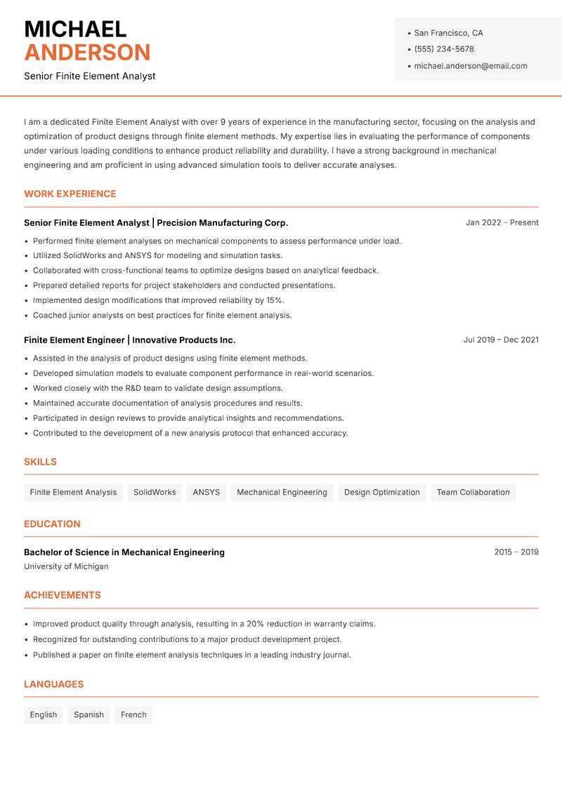 Finite Element Analyst resume template — Modern Professional
