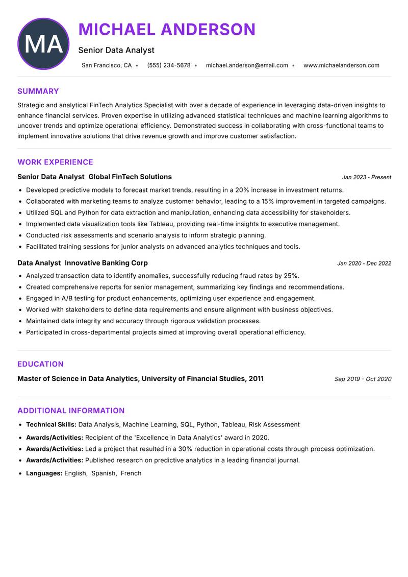 FinTech Analytics Specialist resume example — ATS-friendly template