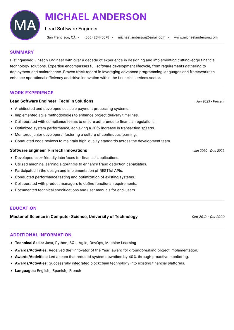 FinTech Engineer resume example — ATS-friendly template