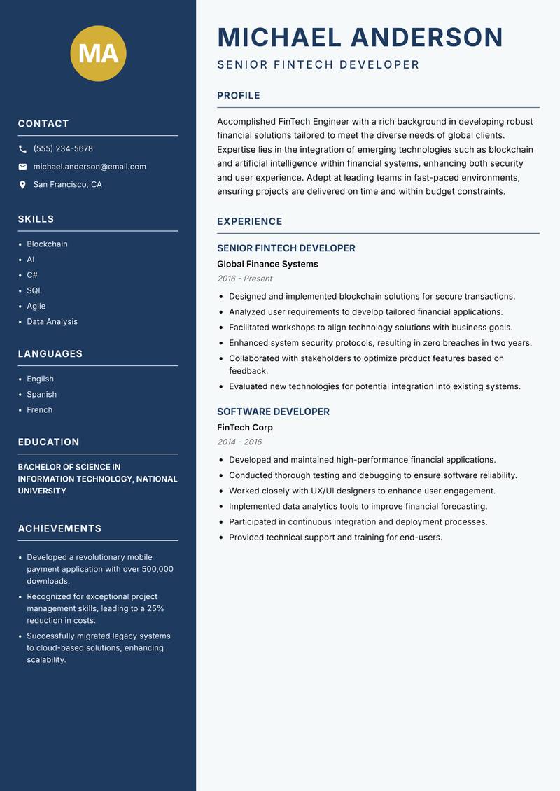 FinTech Engineer resume template — Classic Clean