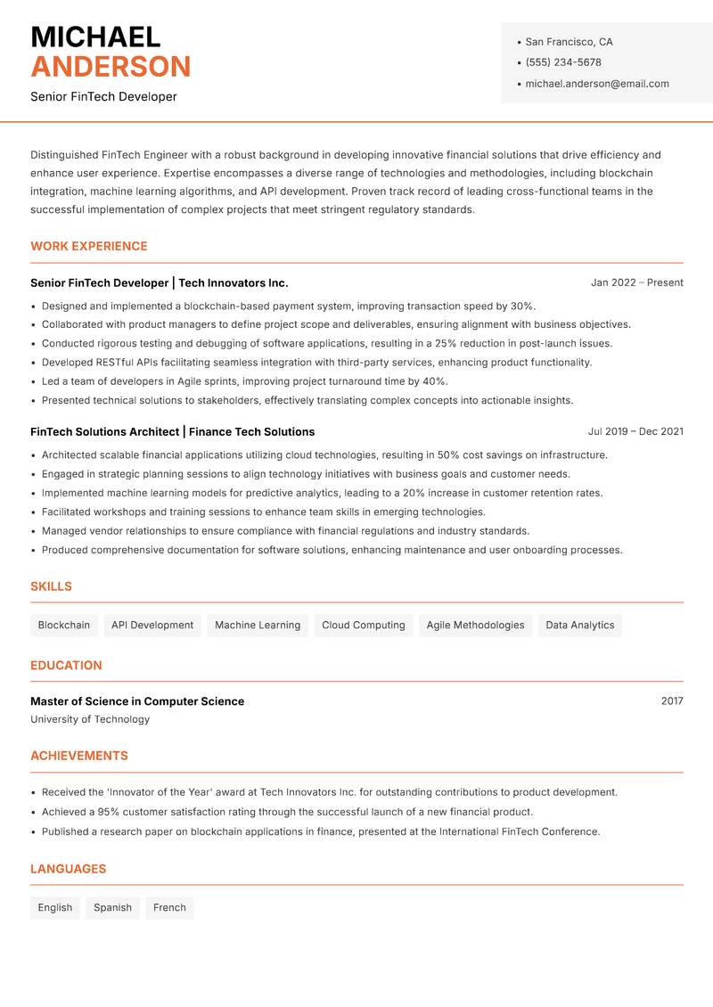 FinTech Engineer resume template — Modern Professional