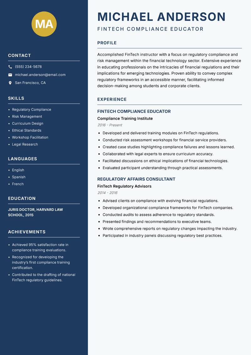 FinTech Instructor resume template — Classic Clean