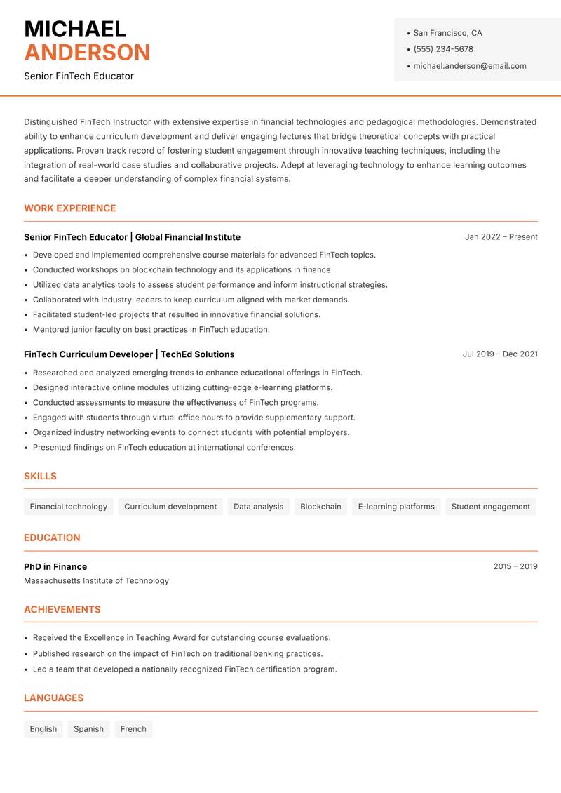 FinTech Instructor resume template — Modern Professional