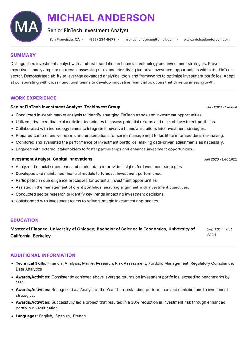 FinTech Investment Analyst resume example — ATS-friendly template