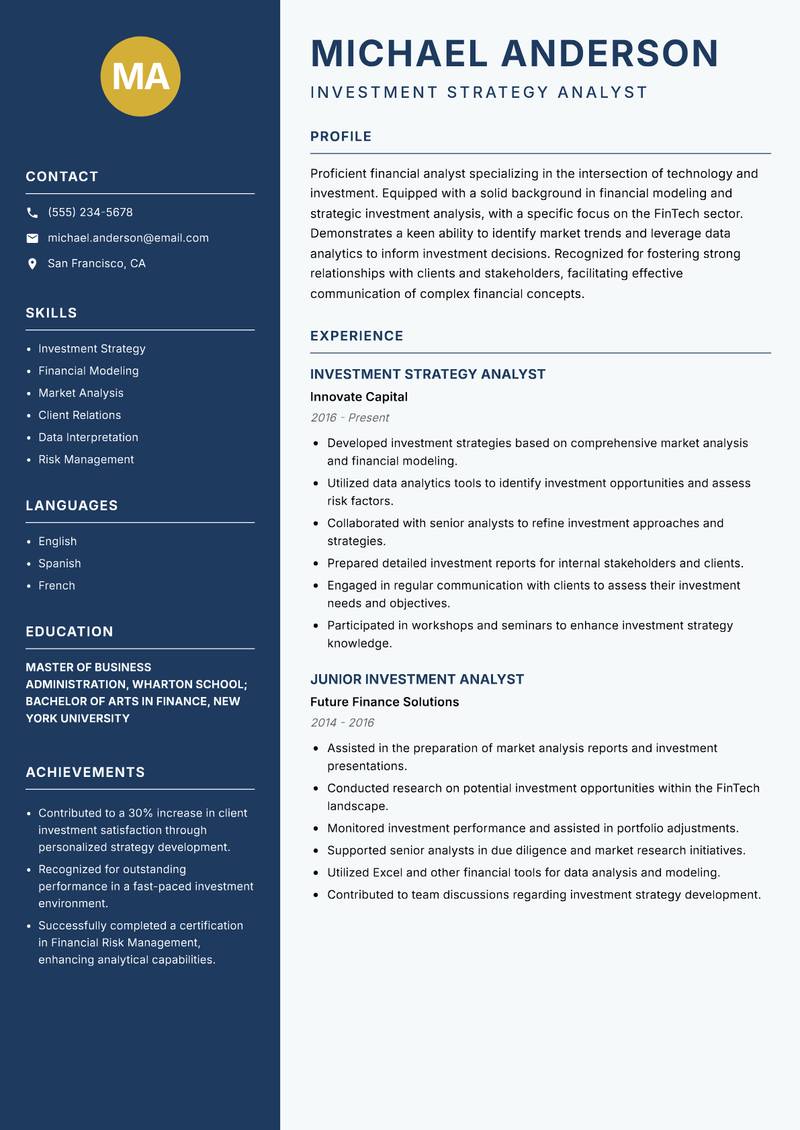 FinTech Investment Analyst resume template — Classic Clean