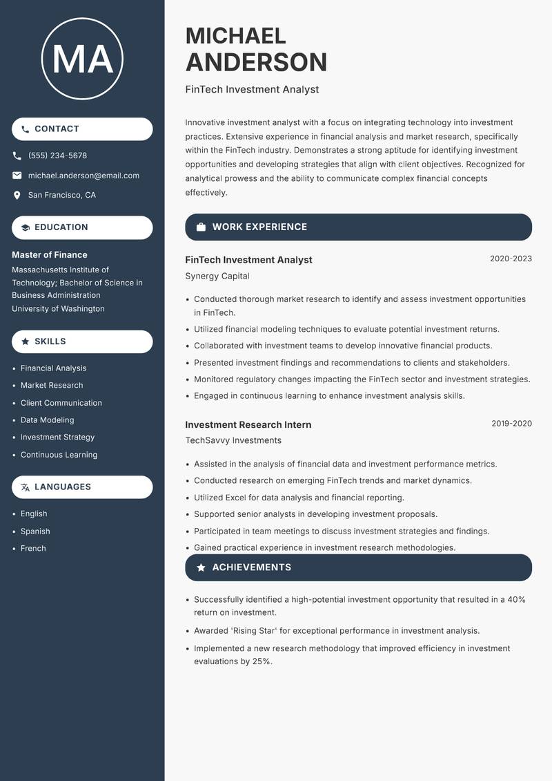 FinTech Investment Analyst resume template — Compact