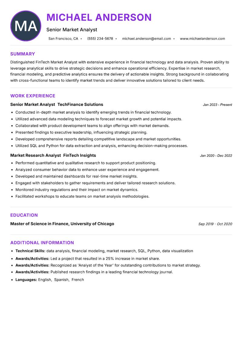 FinTech Market Analyst resume example — ATS-friendly template