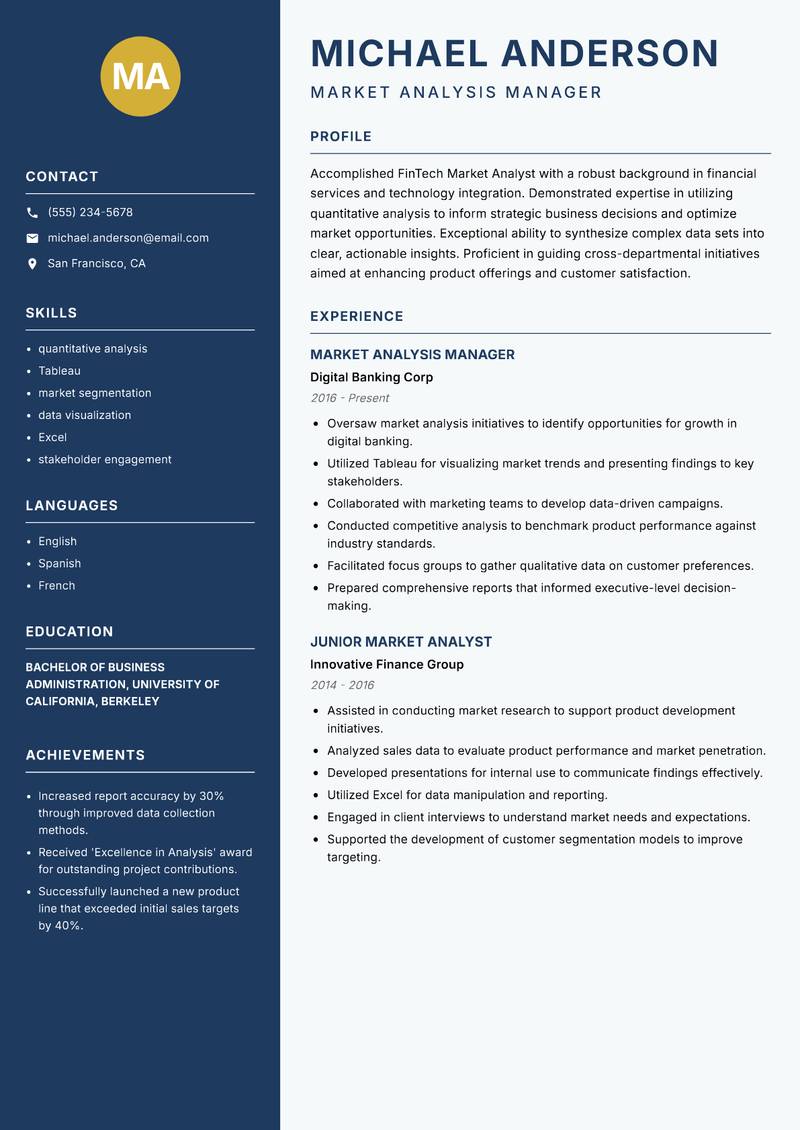 FinTech Market Analyst resume template — Classic Clean