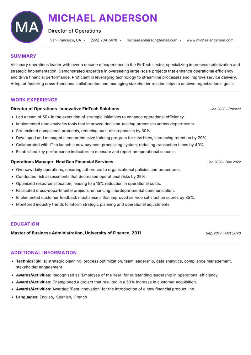 FinTech Operations Lead resume example — ATS-friendly template