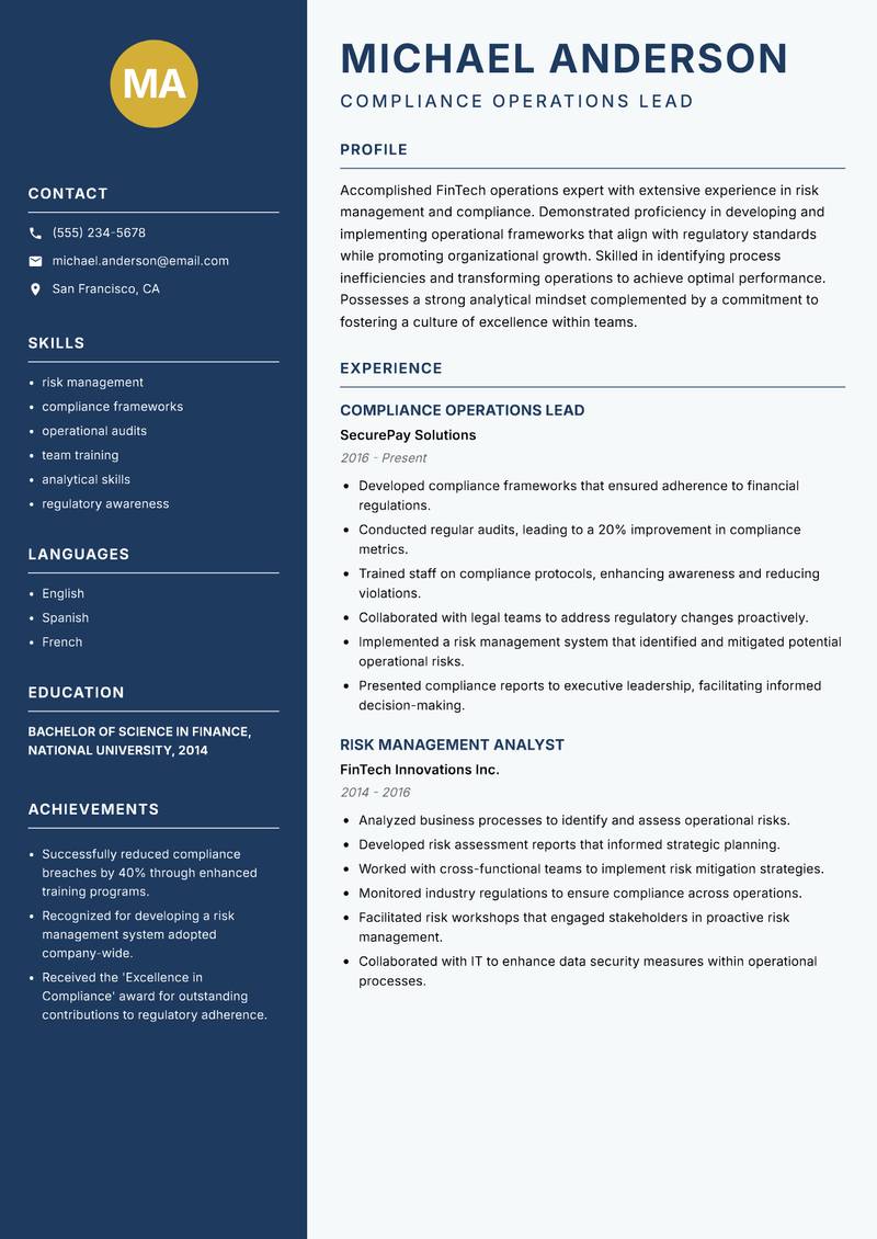 FinTech Operations Lead resume template — Classic Clean