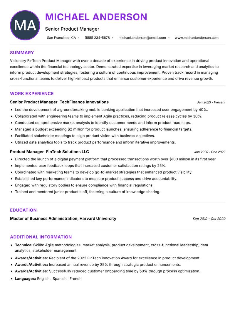 FinTech Product Manager resume example — ATS-friendly template