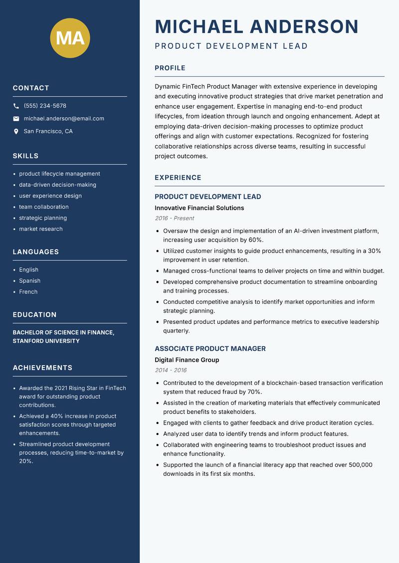 FinTech Product Manager resume template — Classic Clean