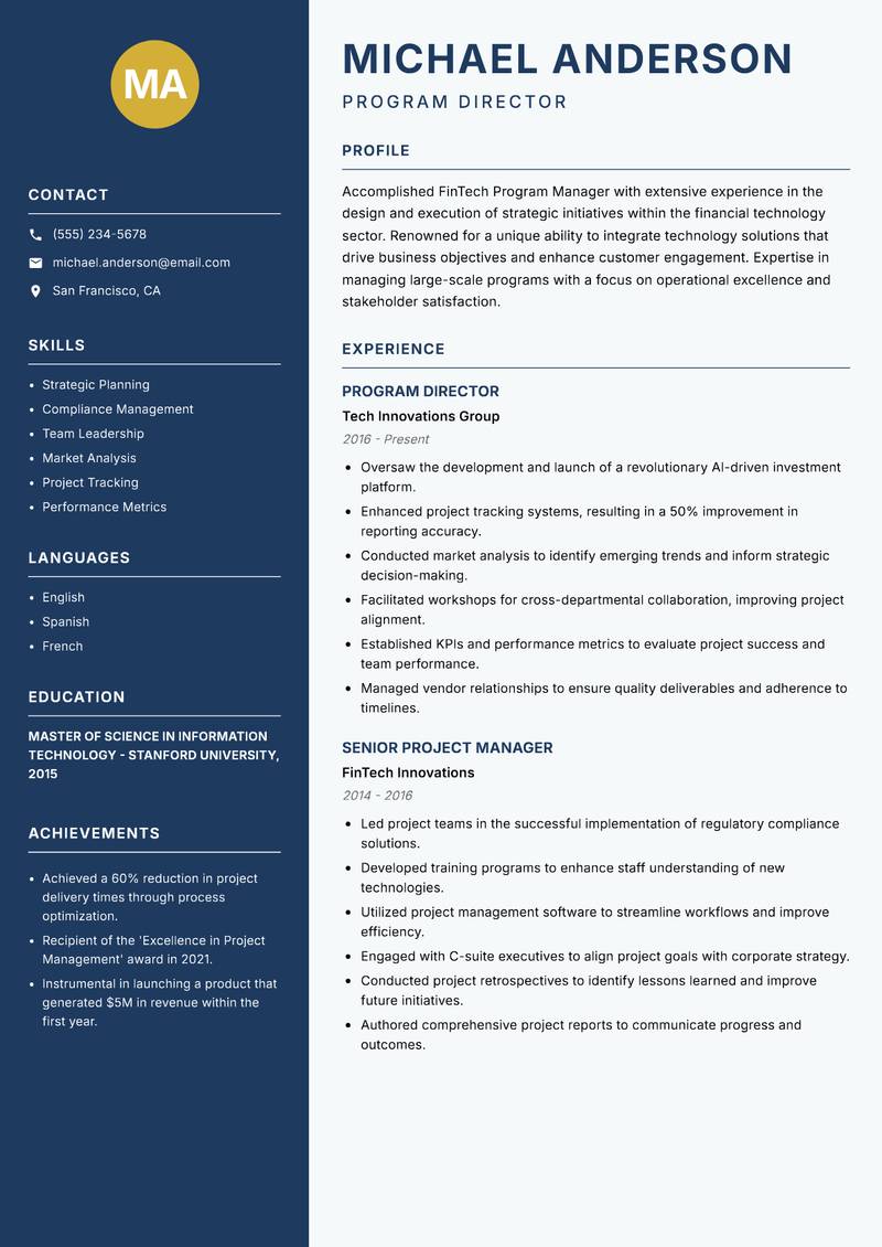 FinTech Program Manager resume template — Classic Clean