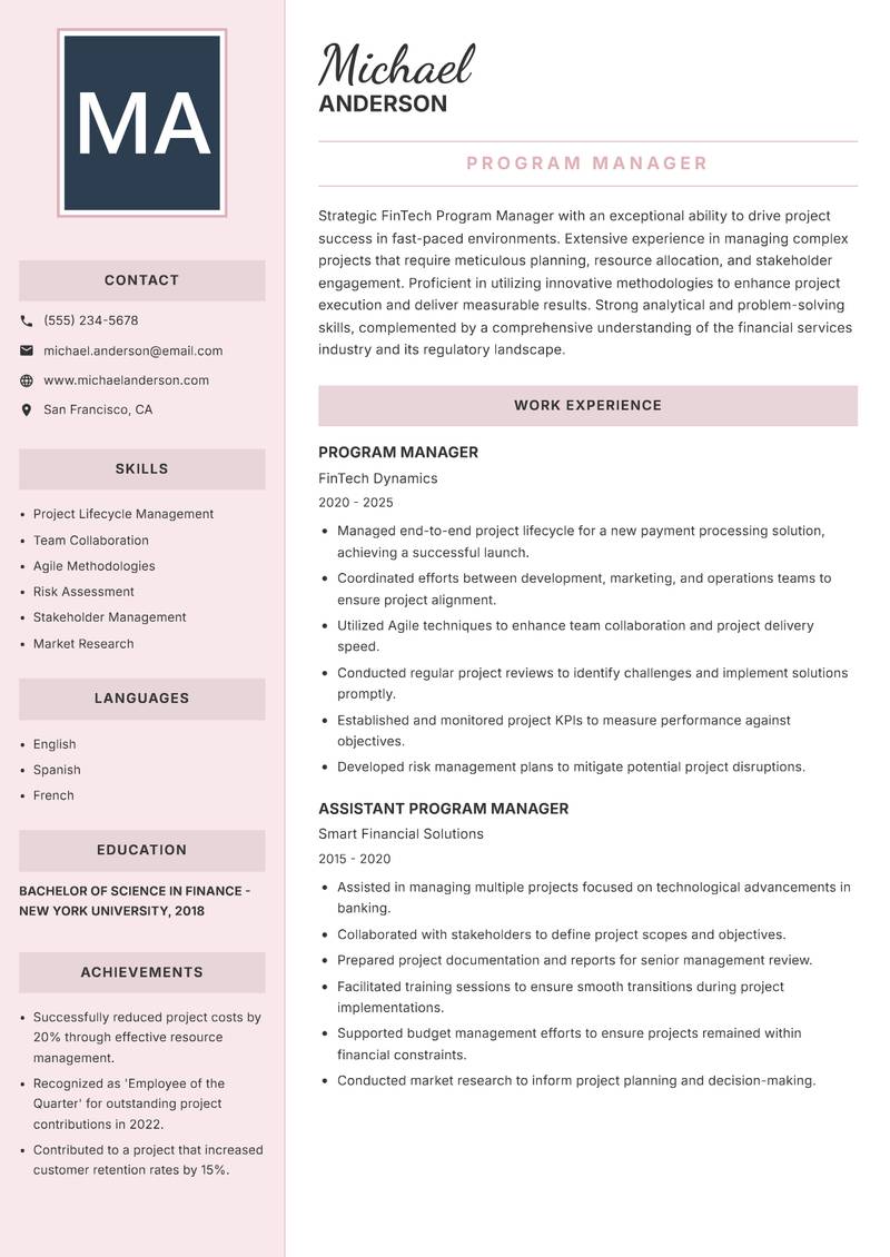 FinTech Program Manager resume template — Executive