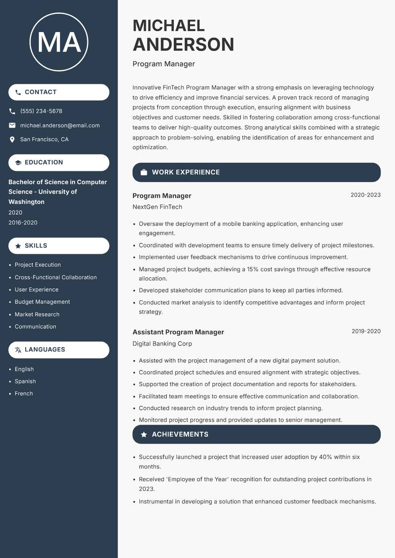FinTech Program Manager resume template — Compact