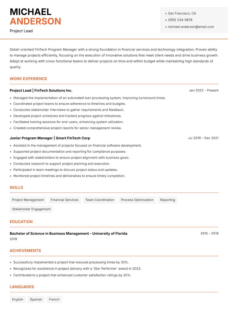 FinTech Program Manager resume template — Modern Professional