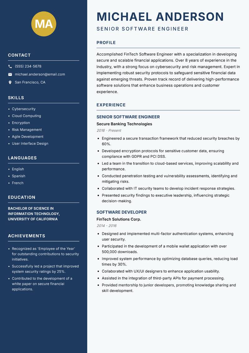 FinTech Software Engineer resume template — Classic Clean