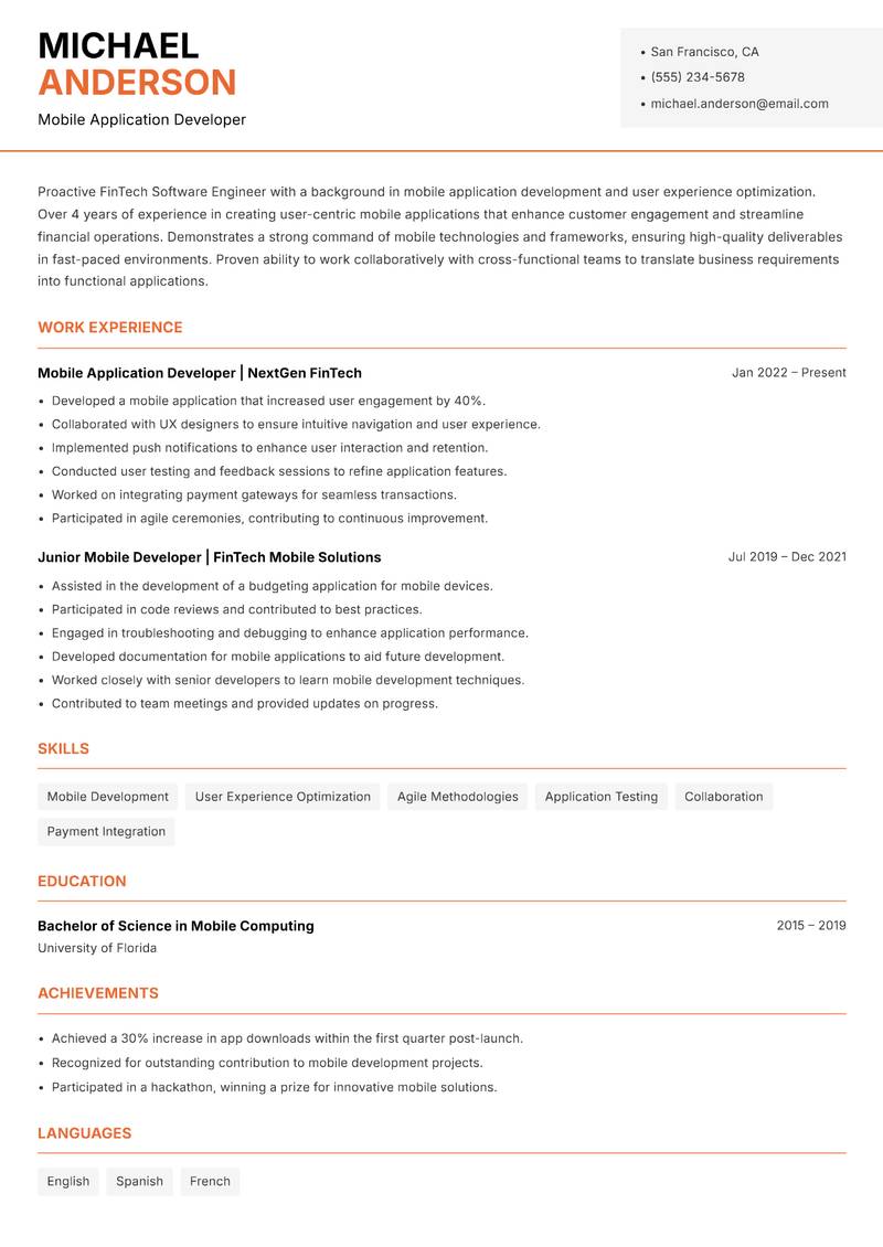 FinTech Software Engineer resume template — Modern Professional