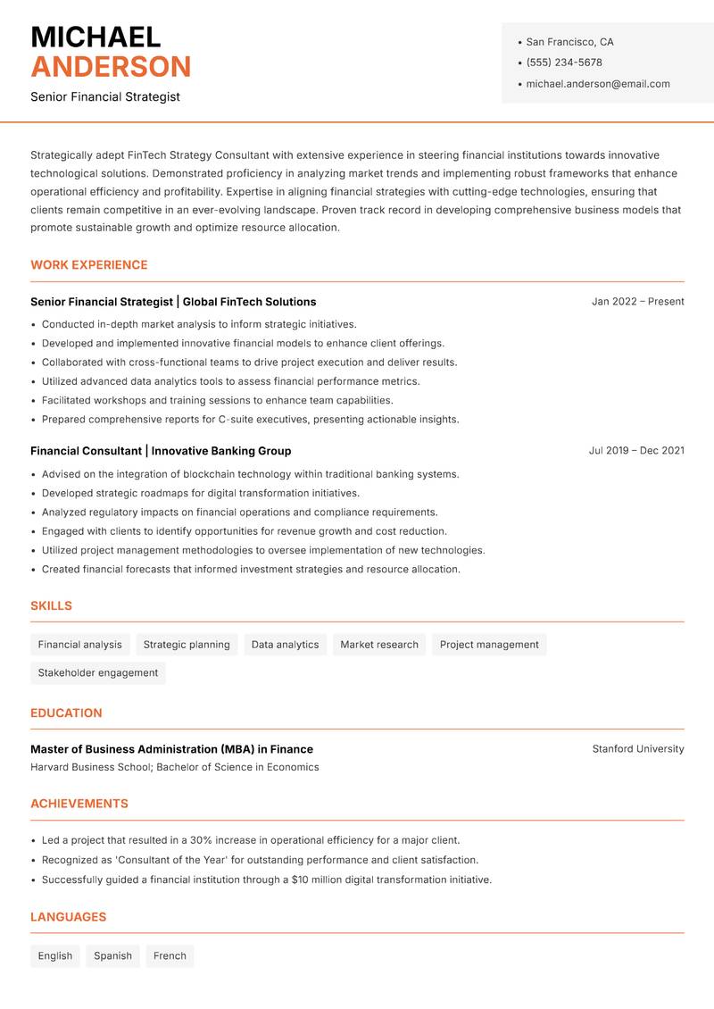 FinTech Strategy Consultant resume template — Modern Professional