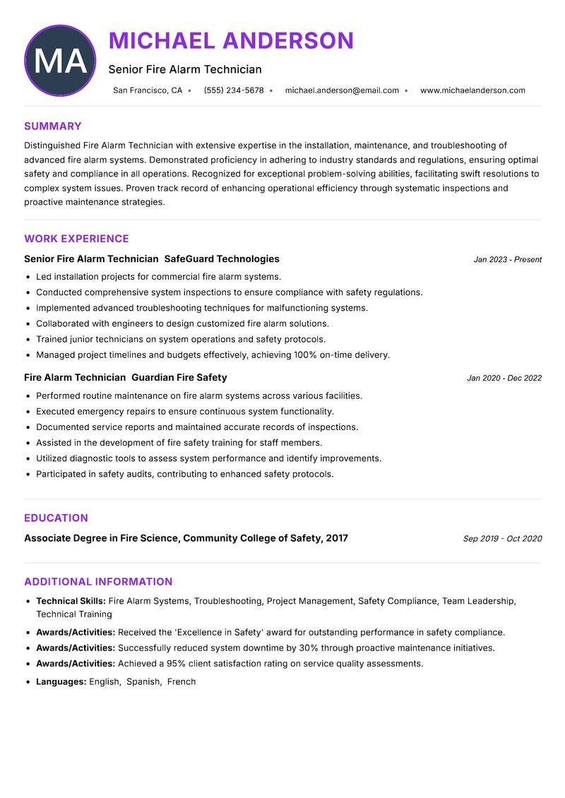 Fire Alarm Technician resume example — ATS-friendly template