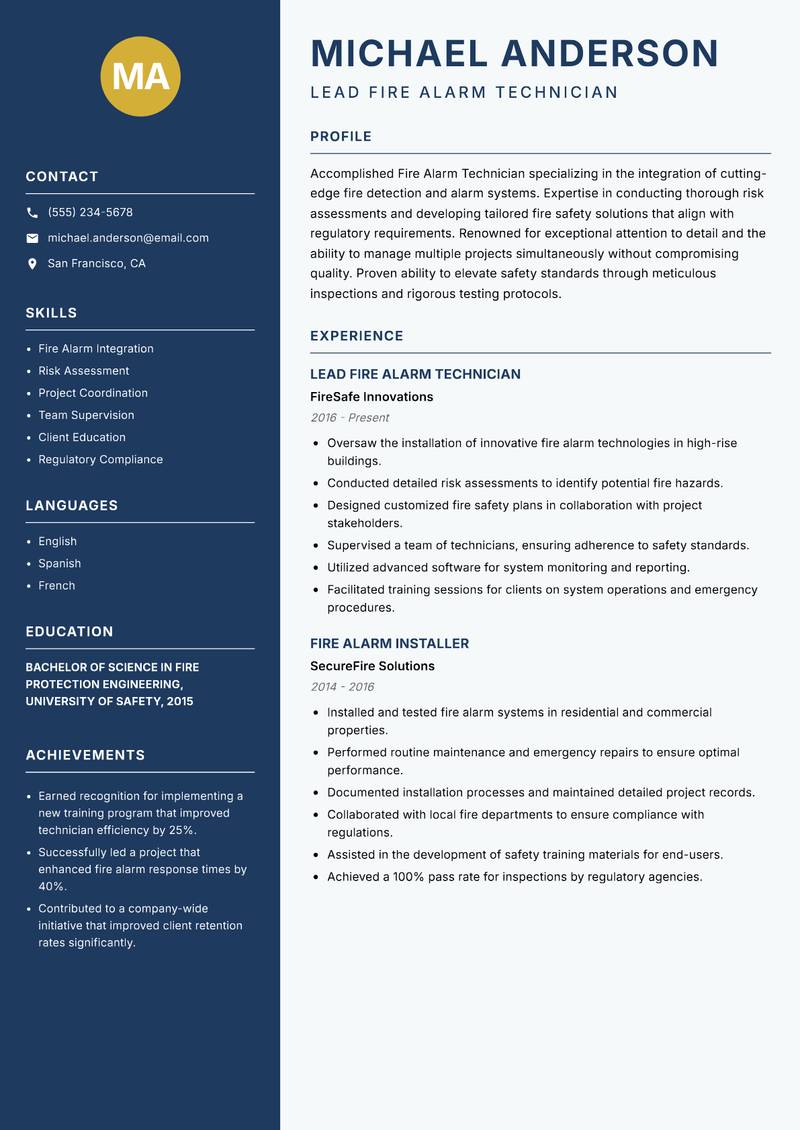 Fire Alarm Technician resume template — Classic Clean