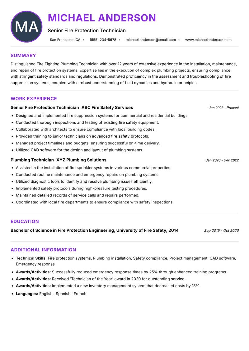 Fire Fighting Plumbing Technician resume example — ATS-friendly template