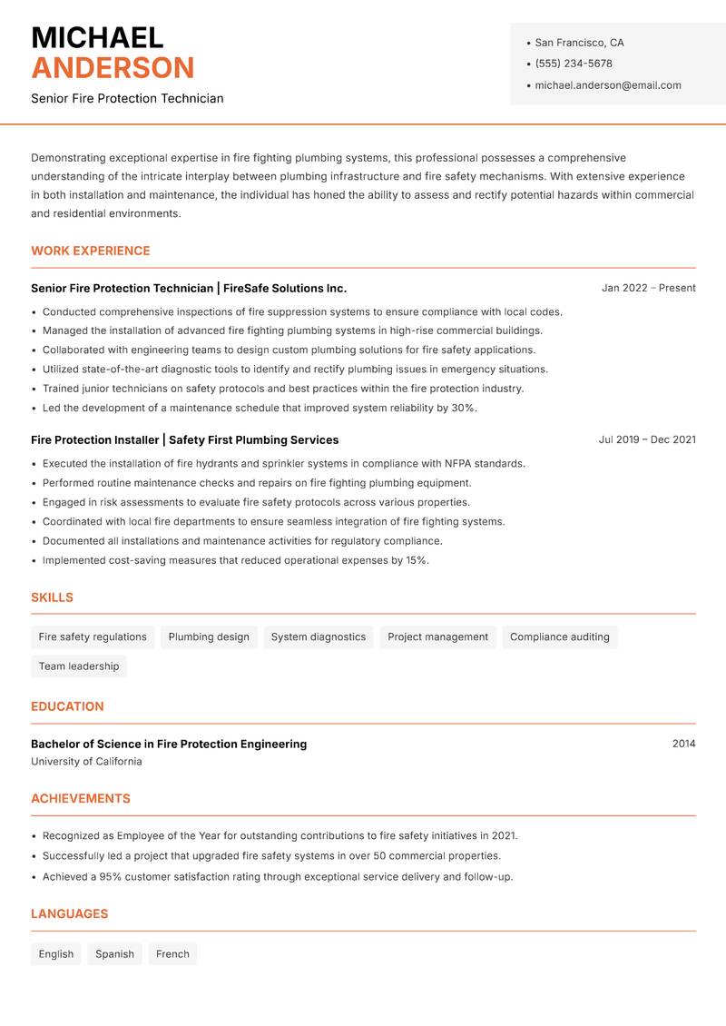 Fire Fighting Plumbing Technician resume template — Modern Professional