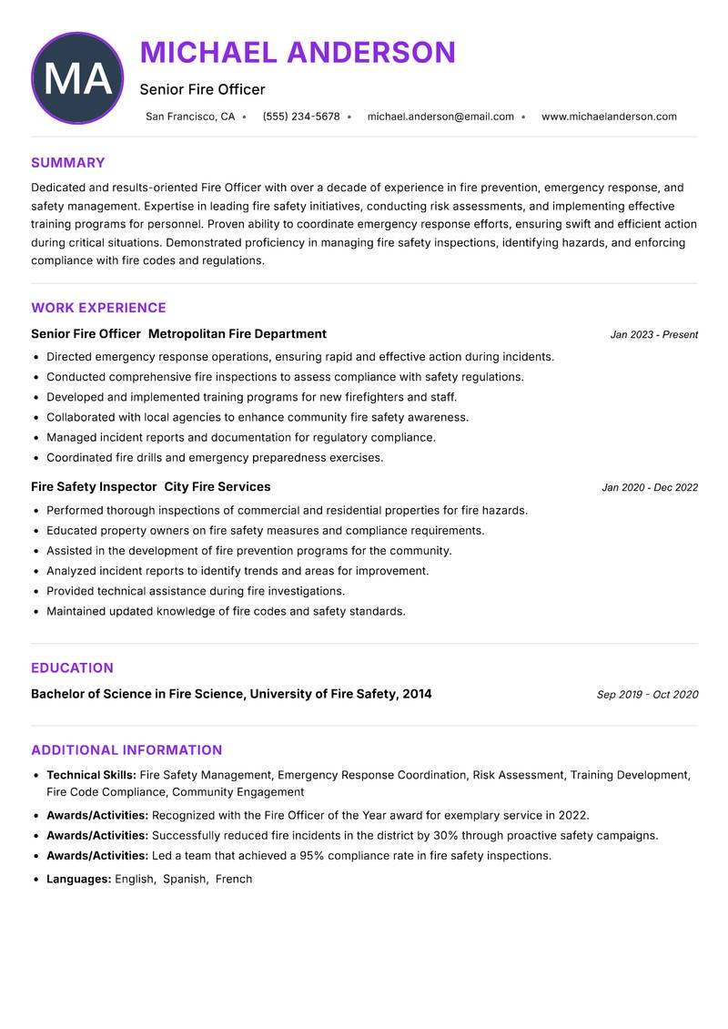 Fire Officer resume example — ATS-friendly template