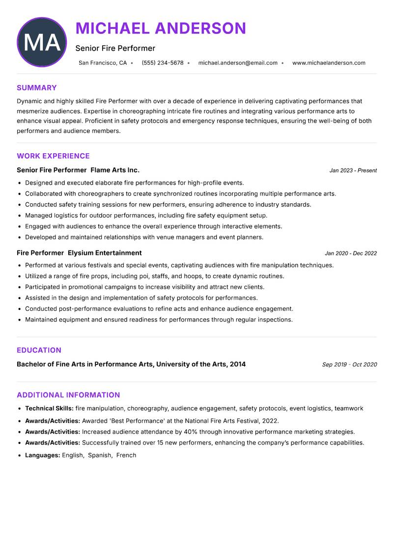 Fire Performer resume example — ATS-friendly template