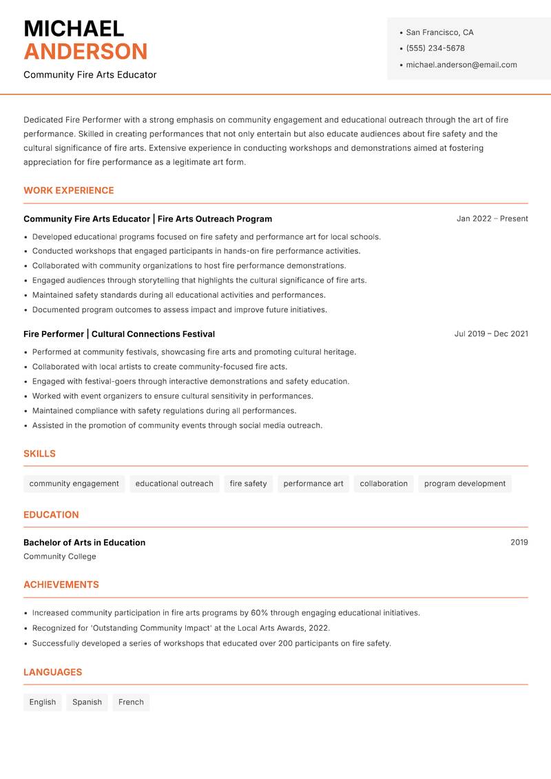 Fire Performer resume template — Modern Professional