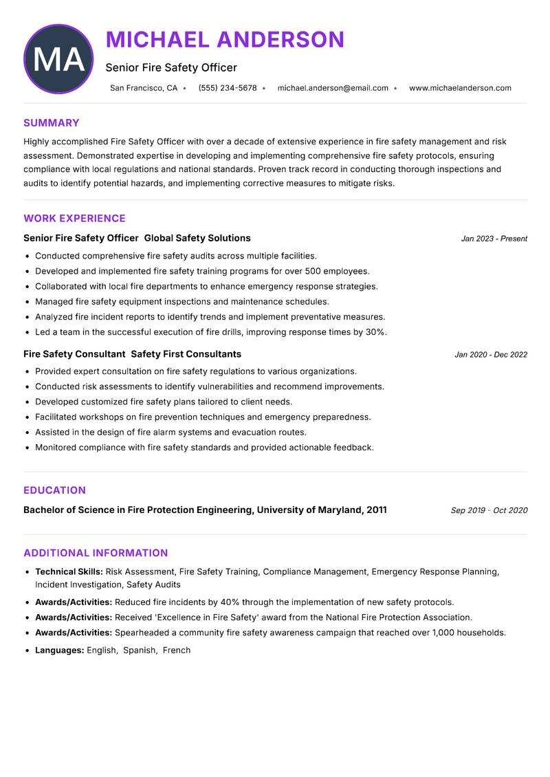 Fire Safety Officer resume example — ATS-friendly template