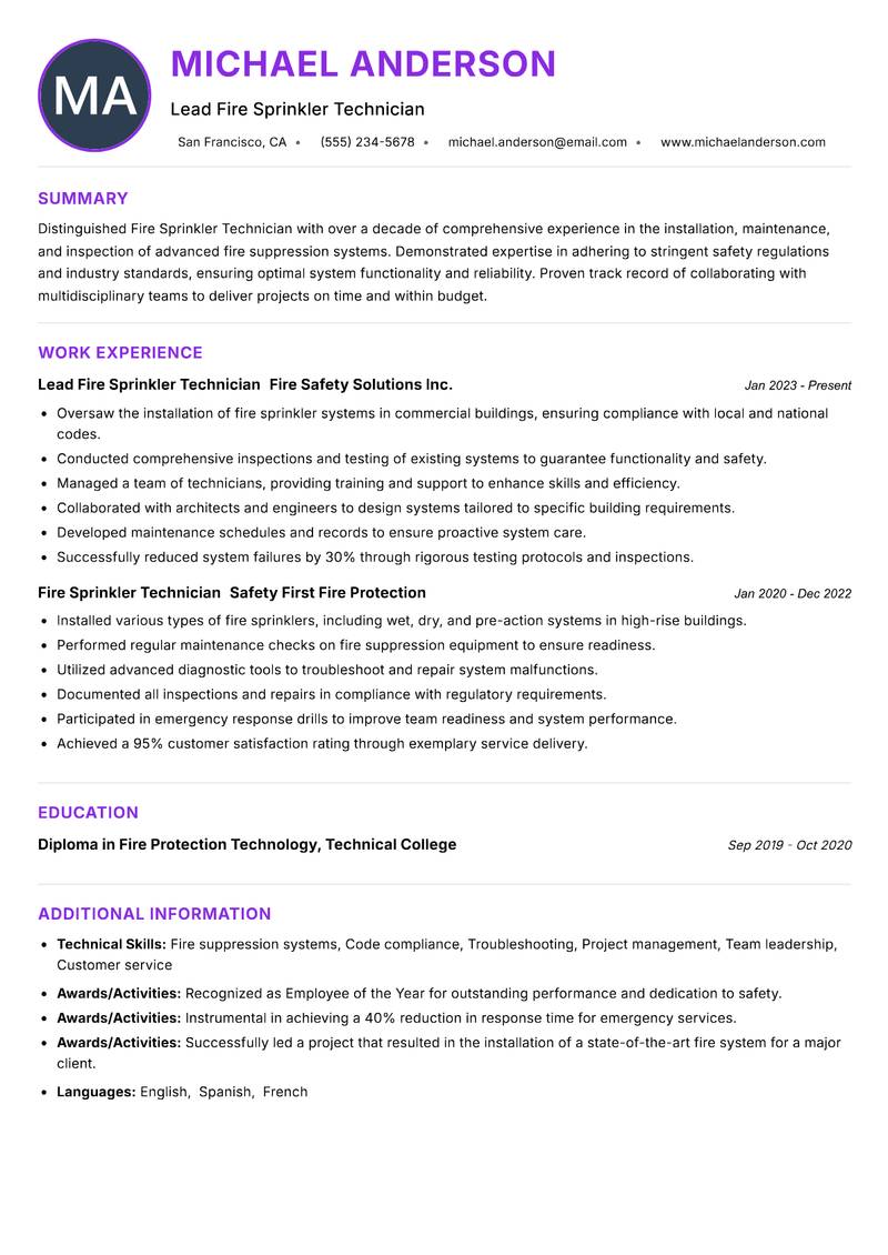Fire Sprinkler Technician resume example — ATS-friendly template